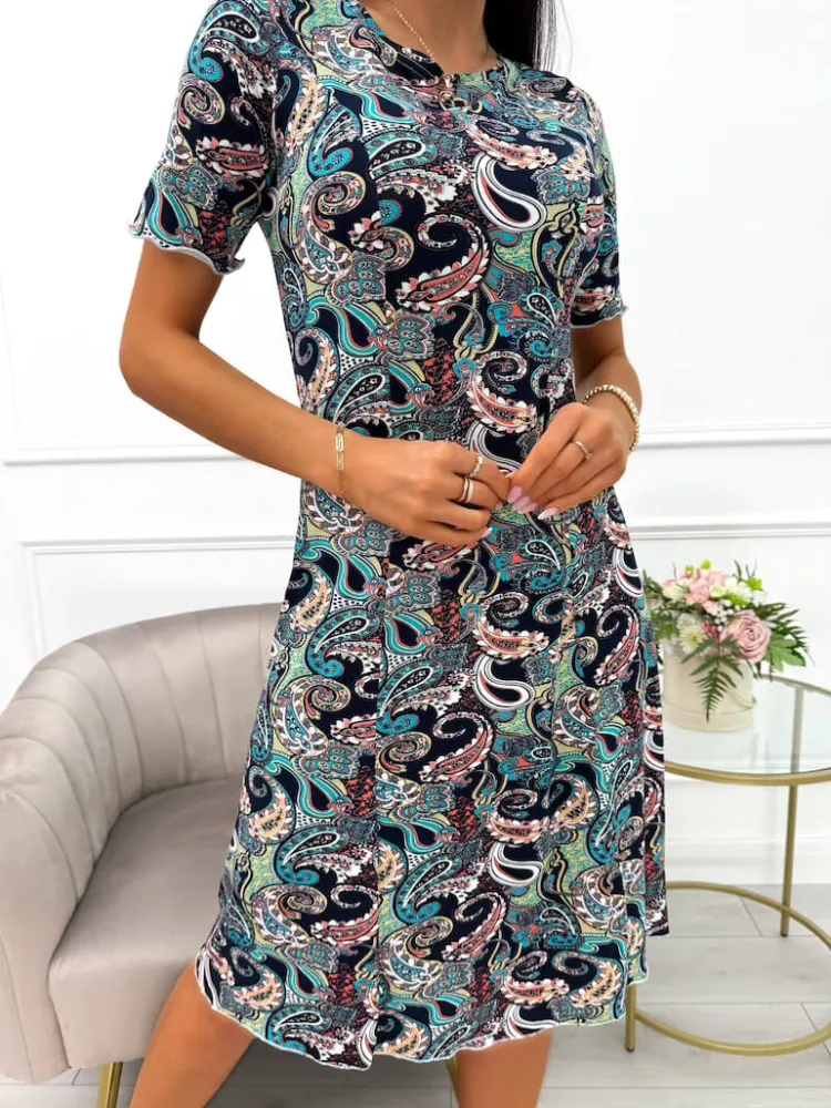 Granatowa Sukienka w Orientalny Wzór 14064-341-Q|Modna Kiecka Sale