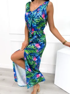 Granatowa Sukienka w Roślinny Wzór 12305-352 12305-352-Q|Modna Kiecka Discount