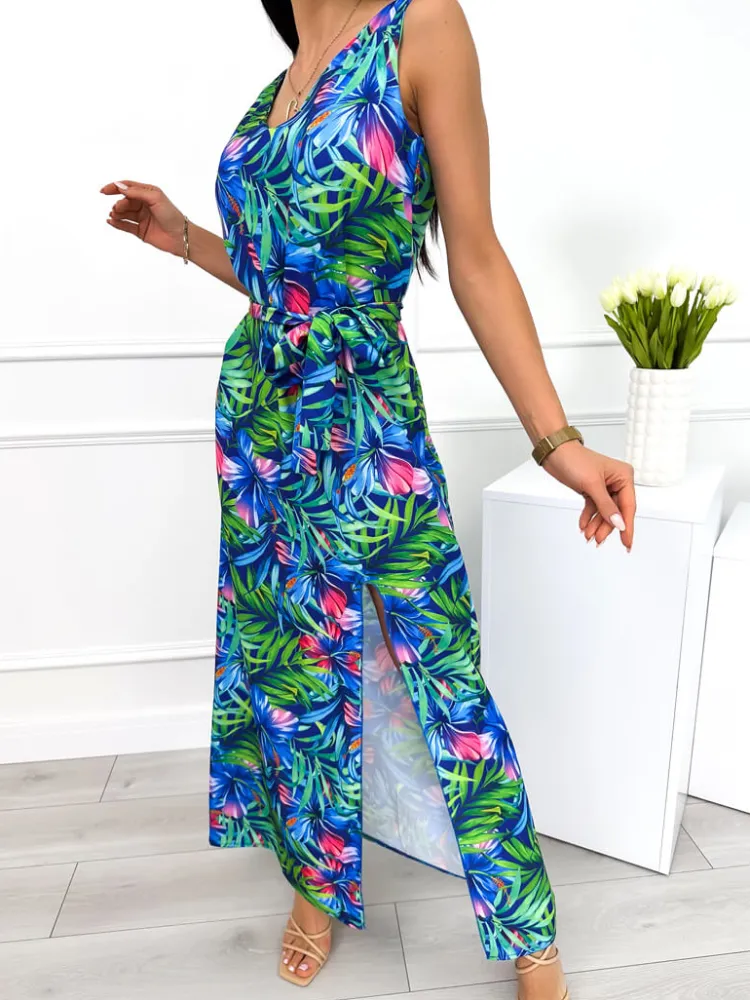 Granatowa Sukienka w Roślinny Wzór 12305-352 12305-352-Q|Modna Kiecka Discount