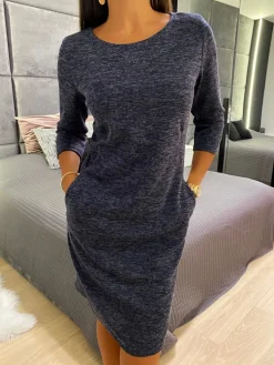 Granatowa Sukienka z Kieszeniami 12753-58-D|Modna Kiecka Outlet