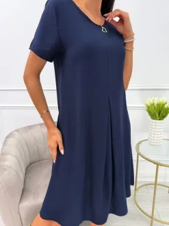 Granatowa Sukienka z Kieszeniami 13969-336-E|Modna Kiecka Discount