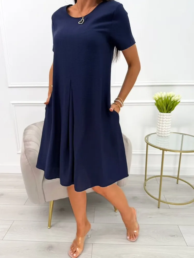 Granatowa Sukienka z Kieszeniami 13969-336-E|Modna Kiecka Discount