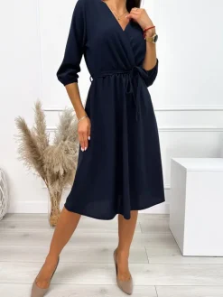 Granatowa Sukienka z Kopertowym Dekoltem 10609-193-E|Modna Kiecka Sale