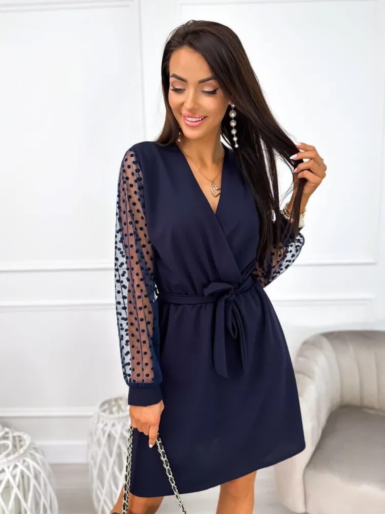 Granatowa Sukienka z Ozdobnym Rękawem 11083-229-D|Modna Kiecka Fashion