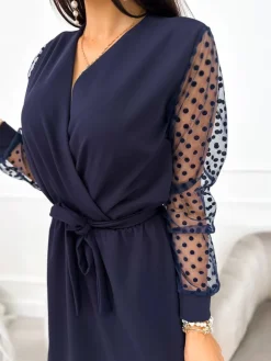Granatowa Sukienka z Ozdobnym Rękawem 11083-229-D|Modna Kiecka Fashion