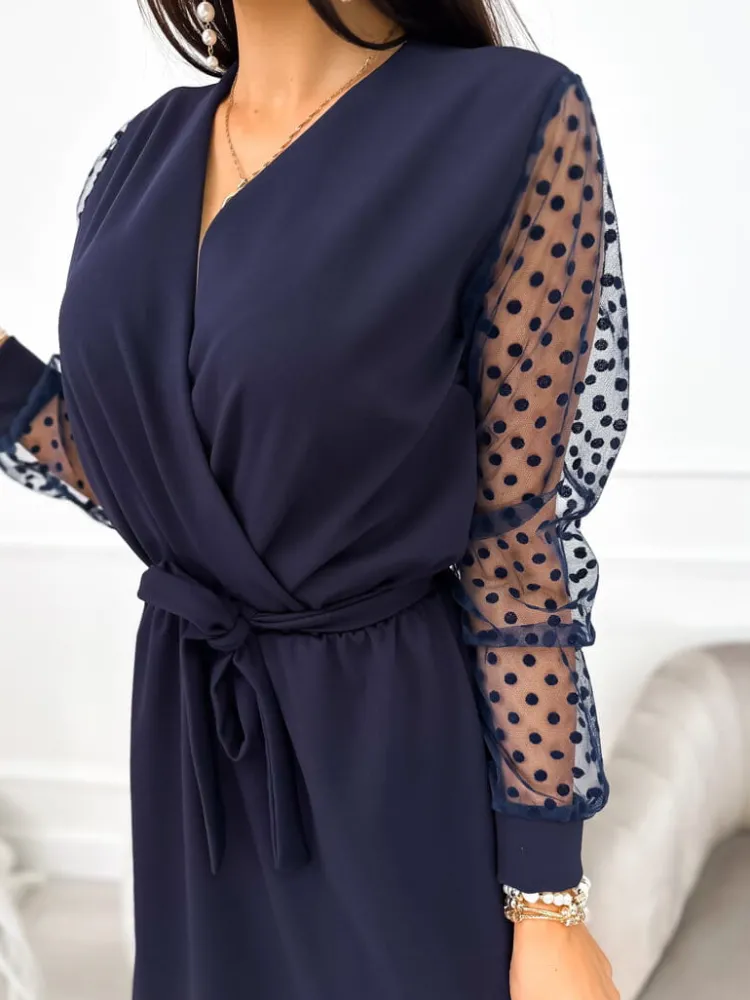 Granatowa Sukienka z Ozdobnym Rękawem 11083-229-D|Modna Kiecka Fashion