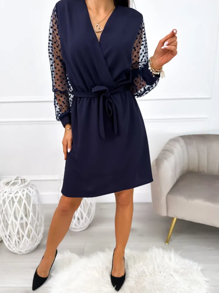 Granatowa Sukienka z Ozdobnym Rękawem 11083-229-D|Modna Kiecka Fashion