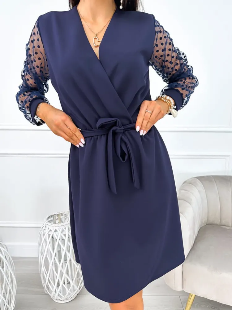 Granatowa Sukienka z Ozdobnym Rękawem 11083-229-D|Modna Kiecka Fashion