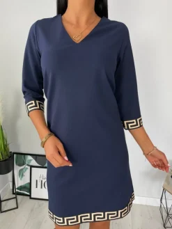 Granatowa Sukienka z Ozdobnymi Wstawkami 11438-425-B|Modna Kiecka Outlet