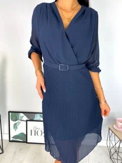 Granatowa Sukienka z Plisowanym Dołem 12799-182-D|Modna Kiecka Best