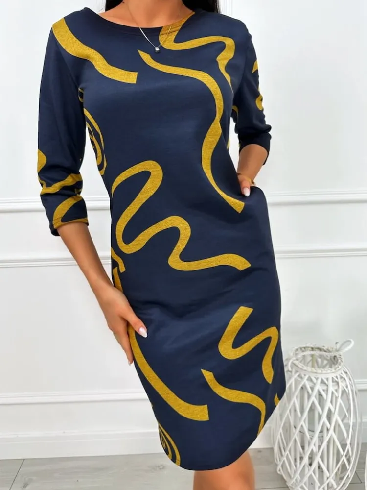 Granatowa Sukienka ze Wzorem 13446-414-B|Modna Kiecka Sale