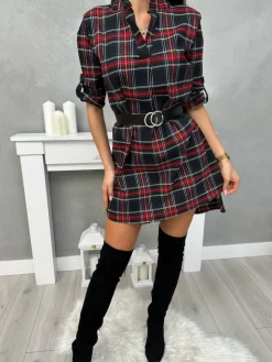 Granatowa Sukienka/Tunika w Kratę z Paskiem 13425-299-B|Modna Kiecka New
