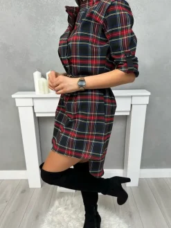 Granatowa Sukienka/Tunika w Kratę z Paskiem 13425-299-B|Modna Kiecka New