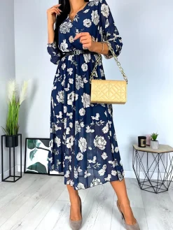 Granatowa Wzorzysta Plisowana Sukienka 6976-10-B|Modna Kiecka Clearance