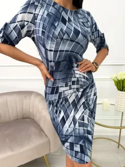 Granatowa Wzorzysta Sukienka z Kieszeniami 13692-85-Q|Modna Kiecka Best