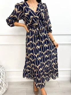 Granatowa Wzorzysta Sukienka z Paseczkiem 13267-203-B|Modna Kiecka Fashion