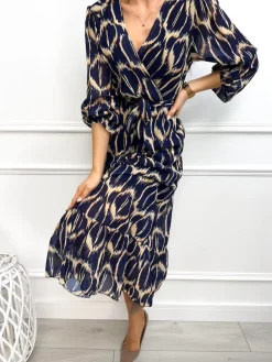 Granatowa Wzorzysta Sukienka z Paseczkiem 13267-203-B|Modna Kiecka Fashion