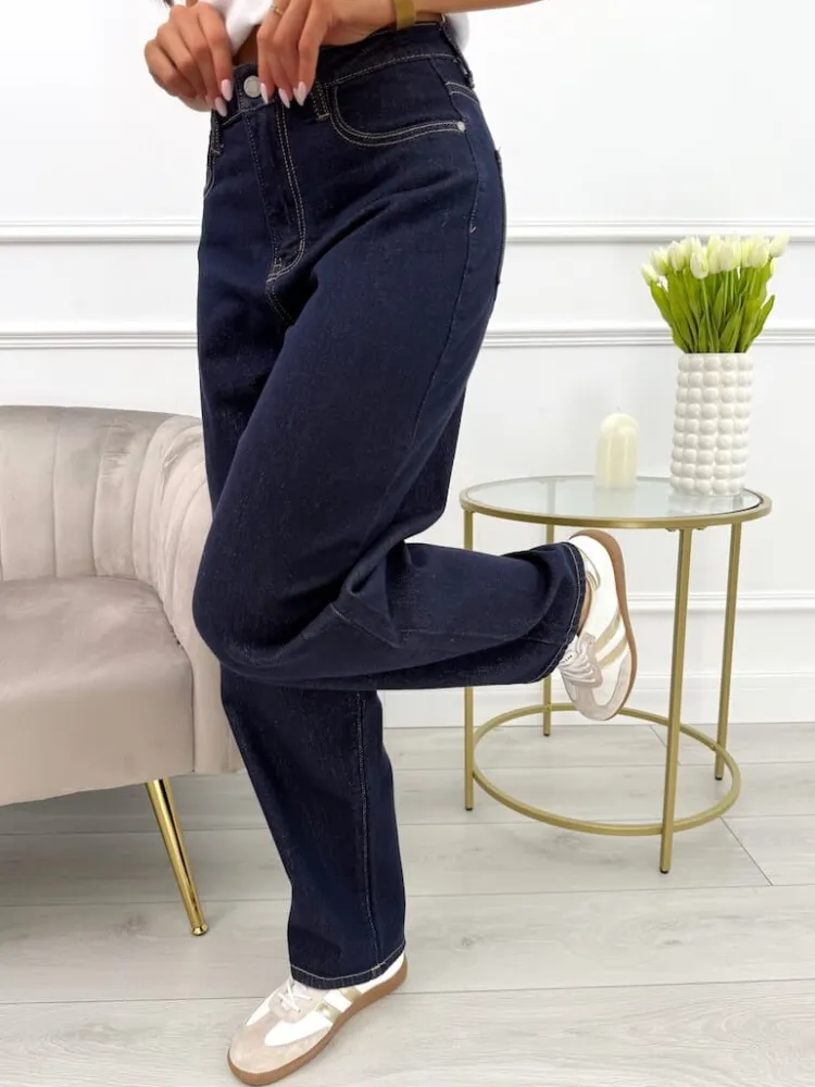 Granatowe Jeansowe Spodnie o Kroju Baggy 13830-323-Q|Modna Kiecka Fashion