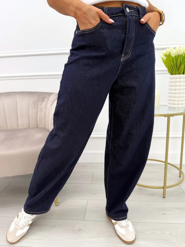 Granatowe Jeansowe Spodnie o Kroju Baggy 13830-323-Q|Modna Kiecka Fashion