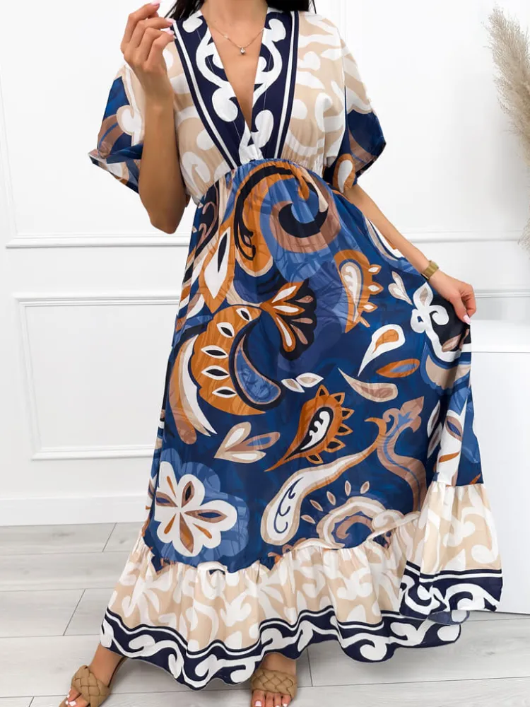 Granatowo-Beżowa Sukienka Maxi z Dekoltem V 12577-163-B|Modna Kiecka Hot
