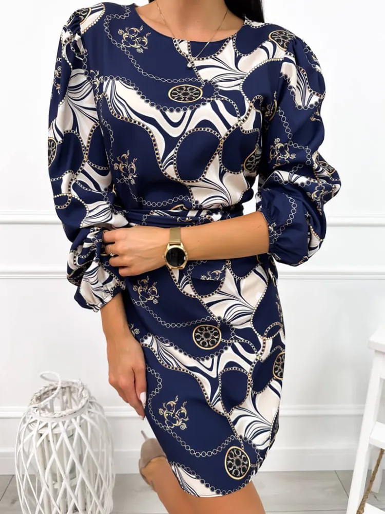 Granatowo-Beżowa Sukienka z Paskiem 12655-19-C|Modna Kiecka Outlet
