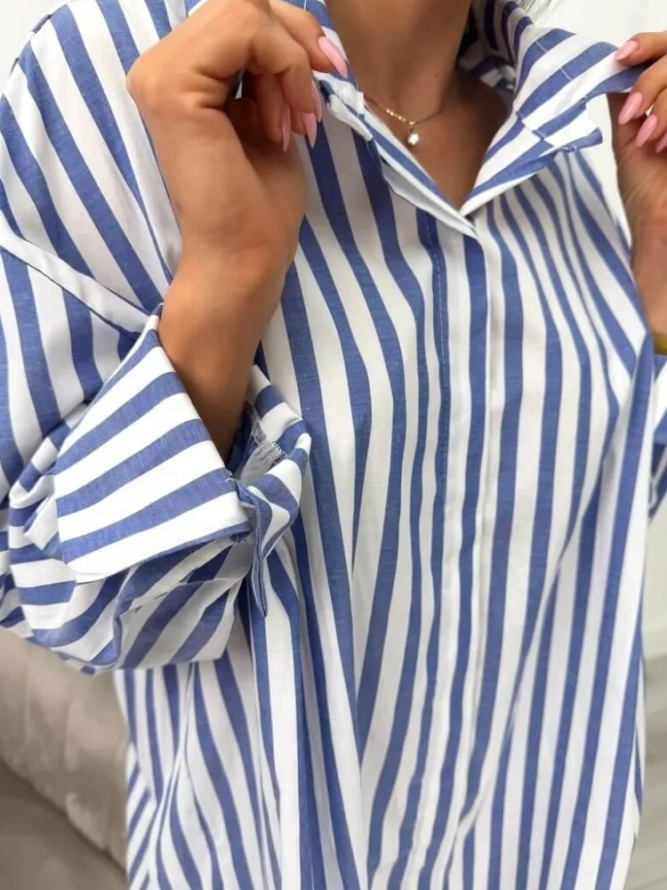 Granatowo-Biała Koszula w Paski Oversize 13701-81-A|Modna Kiecka Outlet