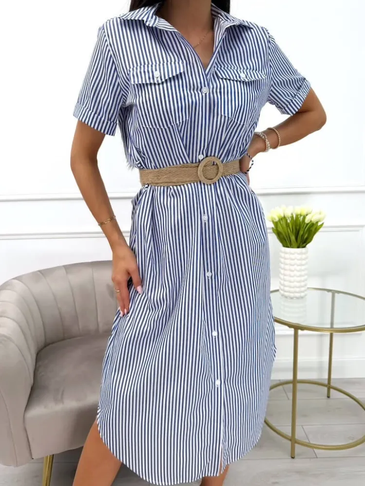 Granatowo-Biała Sukienka w Paski 13975-102-B|Modna Kiecka Outlet