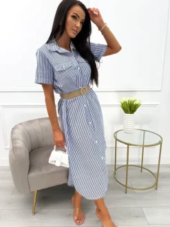Granatowo-Biała Sukienka w Paski 13975-102-B|Modna Kiecka Outlet