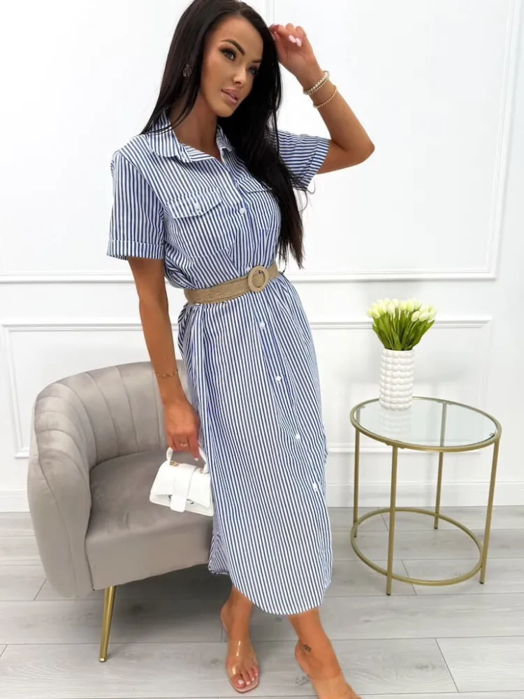 Granatowo-Biała Sukienka w Paski 13975-102-B|Modna Kiecka Outlet