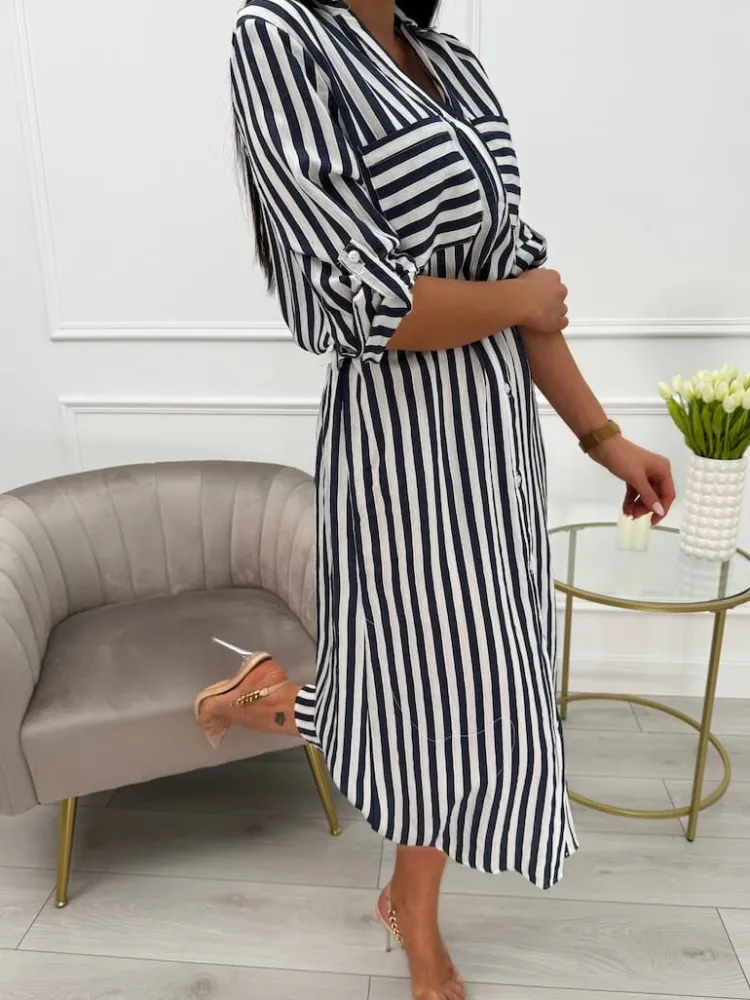 Granatowo-Biała Sukienka w Paski z Guzikami 13757-108-A|Modna Kiecka Fashion