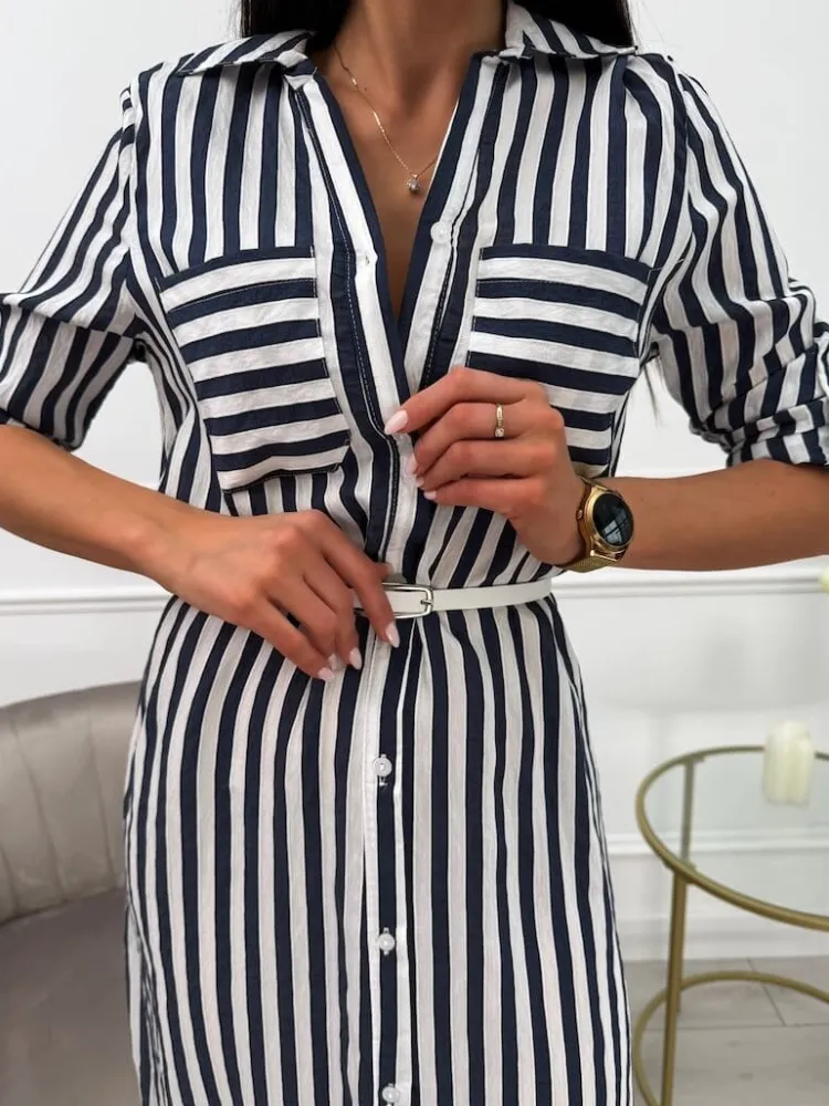 Granatowo-Biała Sukienka w Paski z Guzikami 13757-108-A|Modna Kiecka Fashion