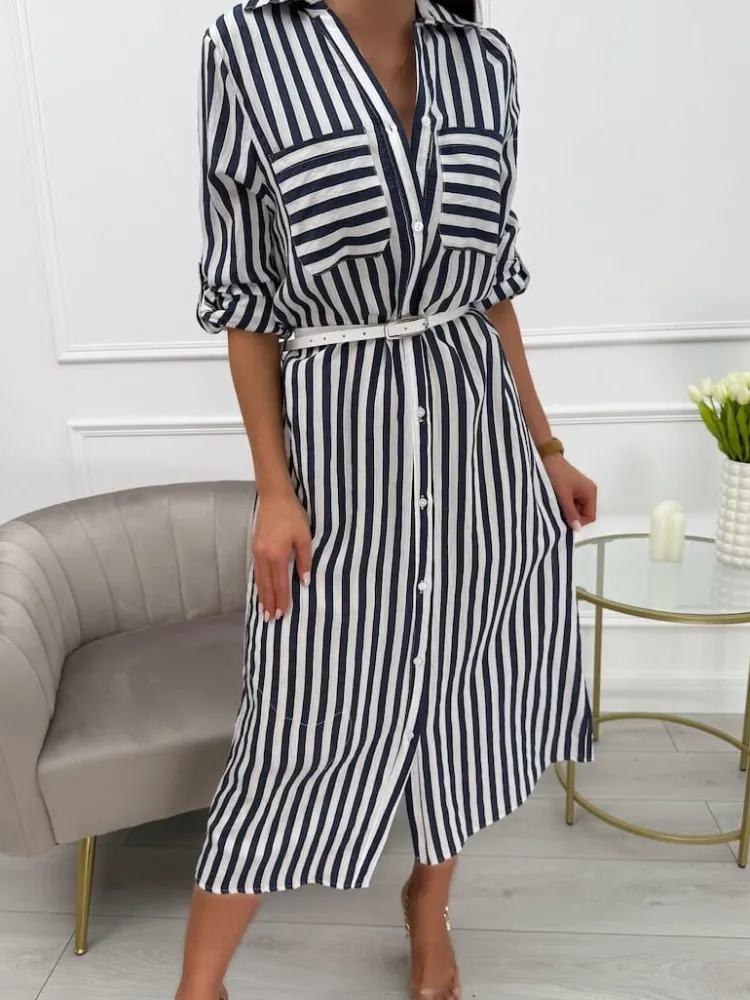 Granatowo-Biała Sukienka w Paski z Guzikami 13757-108-A|Modna Kiecka Fashion