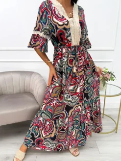 Granatowo-Czerwona Sukienka Maxi z Ozdobnym Dekoltem 14044-210-B|Modna Kiecka Outlet