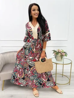 Granatowo-Czerwona Sukienka Maxi z Ozdobnym Dekoltem 14044-210-B|Modna Kiecka Outlet