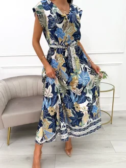 Granatowo-Kremowa Sukienka Maxi z Paseczkiem 14045-411-B|Modna Kiecka Hot