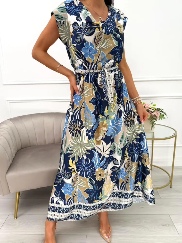 Granatowo-Kremowa Sukienka Maxi z Paseczkiem 14045-411-B|Modna Kiecka Hot