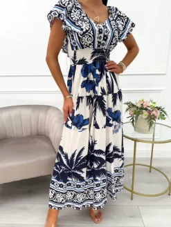 Granatowo-Kremowa Sukienka Maxi ze Wzorem 14011-136-C|Modna Kiecka Clearance