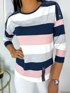 Granatowo-Kremowo-Pudrowo-Szara Bluzka 11418-228-B|Modna Kiecka New