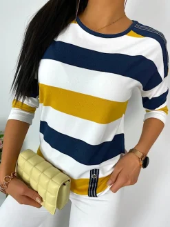 Granatowo-Musztardowo-Biała Bluzka 11418-228-K|Modna Kiecka Outlet