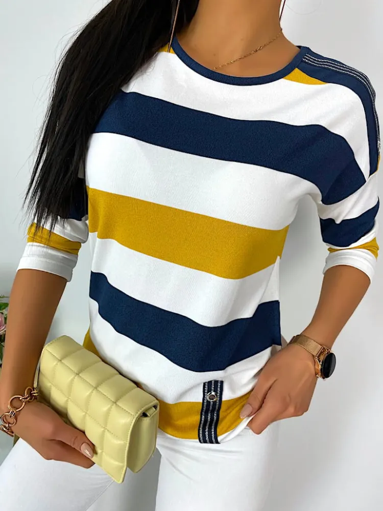 Granatowo-Musztardowo-Biała Bluzka 11418-228-K|Modna Kiecka Outlet