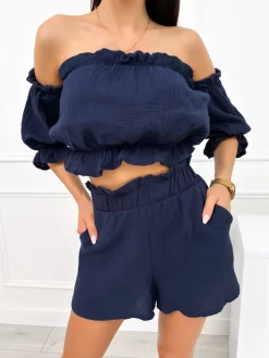 Granatowy Komplet Crop Top + Spodenki 12534-414-B|Modna Kiecka Online