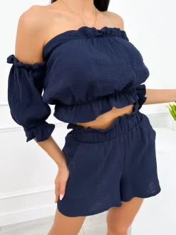 Granatowy Komplet Crop Top + Spodenki 12534-414-B|Modna Kiecka Online