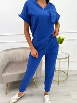 Granatowy Komplet z Ozdobną Kieszonką 9958-06-B|Modna Kiecka Fashion