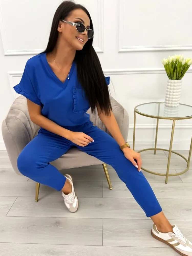 Granatowy Komplet z Ozdobną Kieszonką 9958-06-B|Modna Kiecka Fashion