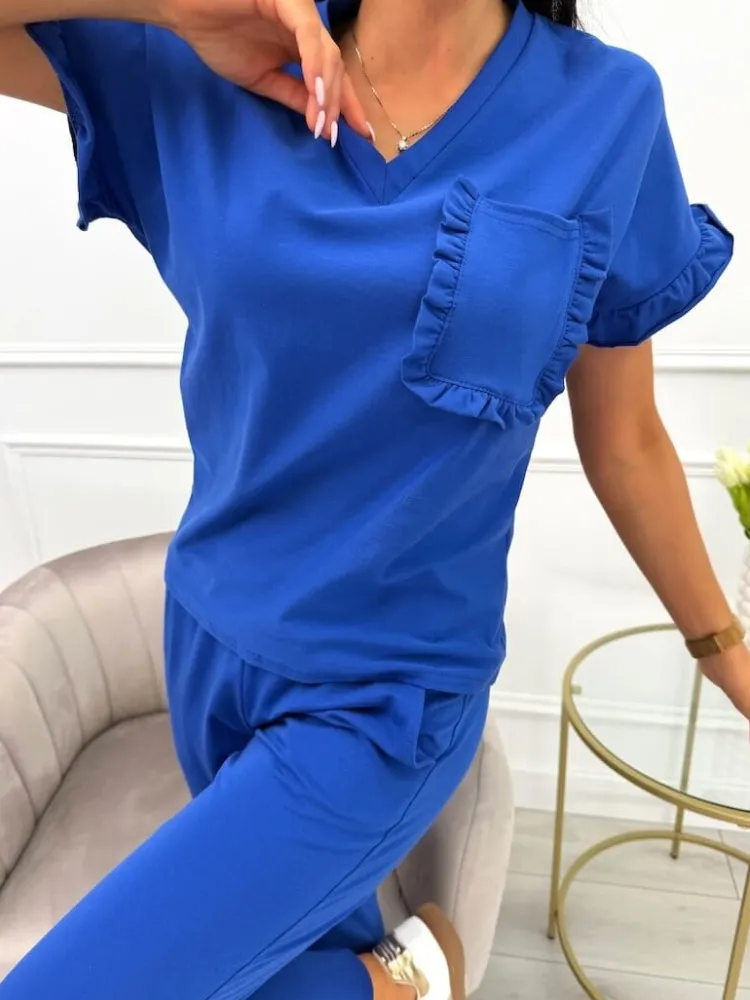 Granatowy Komplet z Ozdobną Kieszonką 9958-06-B|Modna Kiecka Fashion
