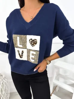 Granatowy Sweter z Aplikacją 12770-65-E|Modna Kiecka Sale