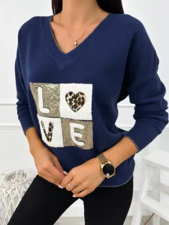 Granatowy Sweter z Aplikacją 12770-65-E|Modna Kiecka Sale