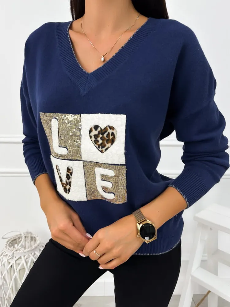 Granatowy Sweter z Aplikacją 12770-65-E|Modna Kiecka Sale