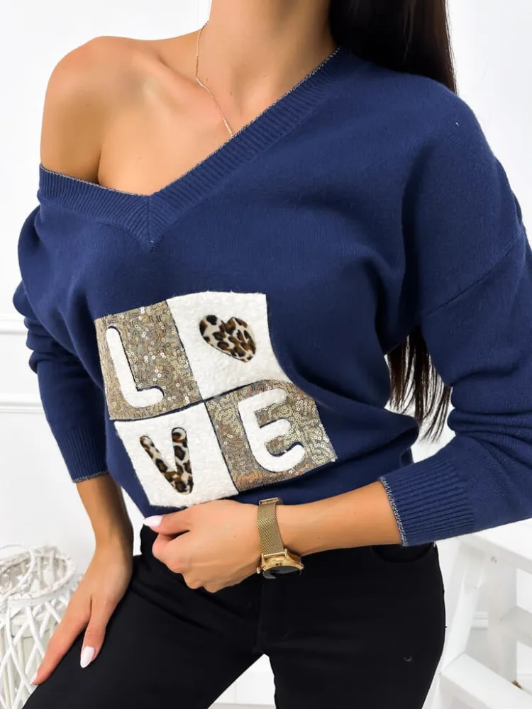 Granatowy Sweter z Aplikacją 12770-65-E|Modna Kiecka Sale