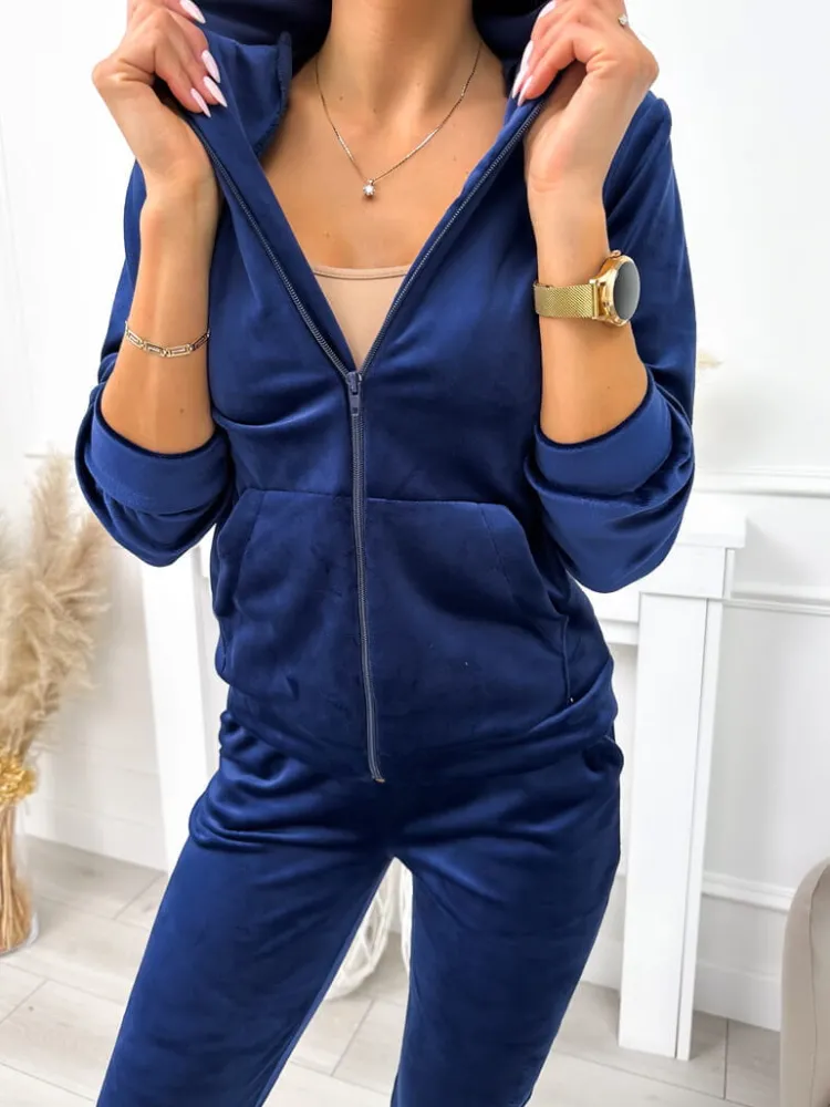 Granatowy Welurowy Komplet 11378-218-E|Modna Kiecka Sale